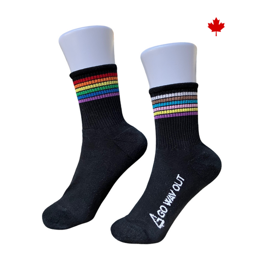 Go Way Out black mismatched pride socks. Socks made and designed in Alberta, Canada.