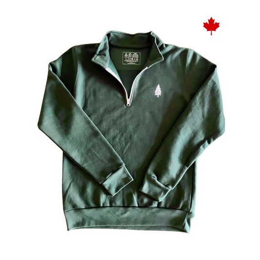 Forest green 1/4 zip sweater with left chest pine tree design in white. Made in Canada. 