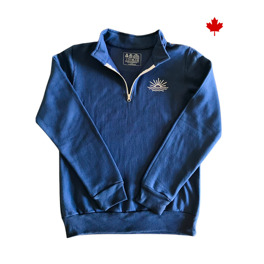 Navy blue 1/4 zip sweater with left chest sun and wave design in white. Made and designed in Canada.