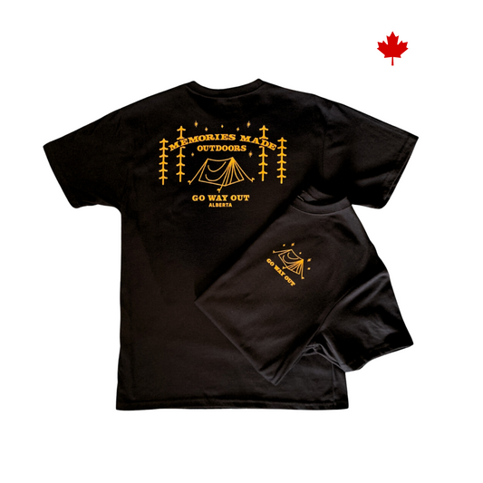 Comfy made in Canada tee with left chest and back design in mustard/gold. 