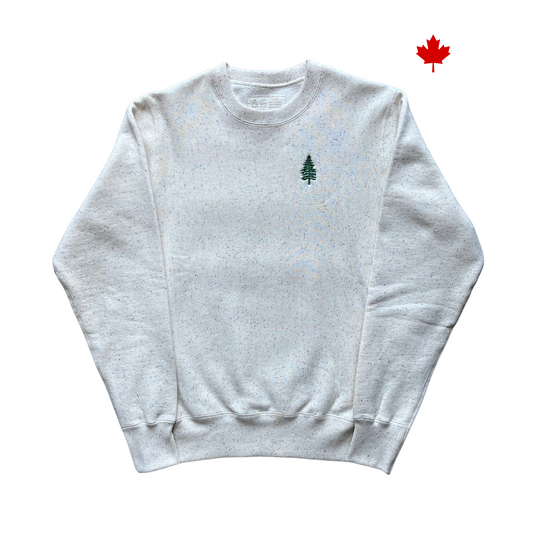 Soft 100% cotton confetti crewneck sweater with pine embroidery. Made in Canada.