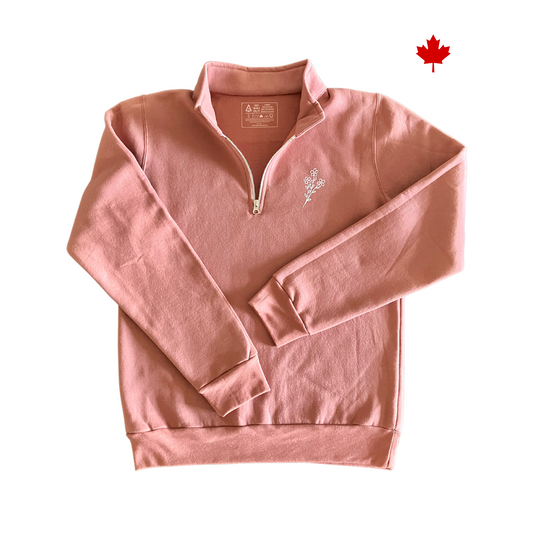 Dusty rose 1/4 zip sweater with left chest flower design in white. Made and designed in Canada. 