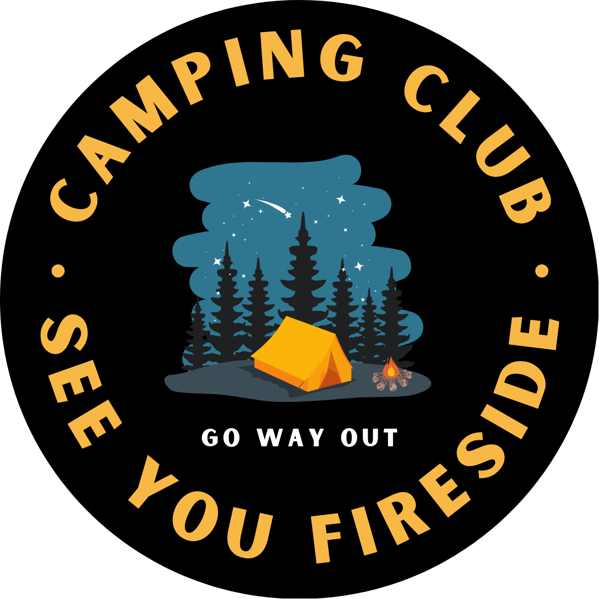 Black and gold camping club sticker. 