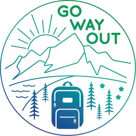 Blue and green 'Go Way Out' mountain landscape sticker. 