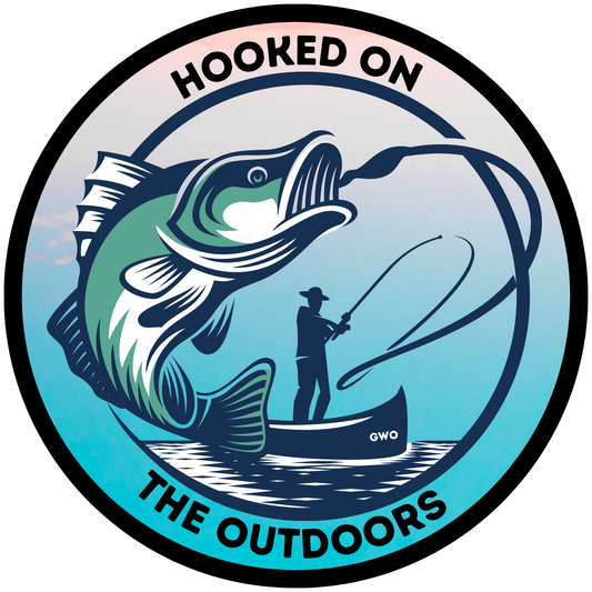 Hooked on the outdoors circle sticker with fish. 